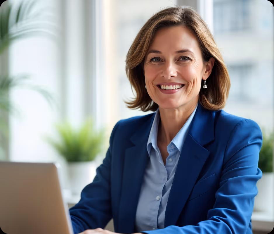 Smiling professional woman in blue blazer seated at desk with laptop in bright office.