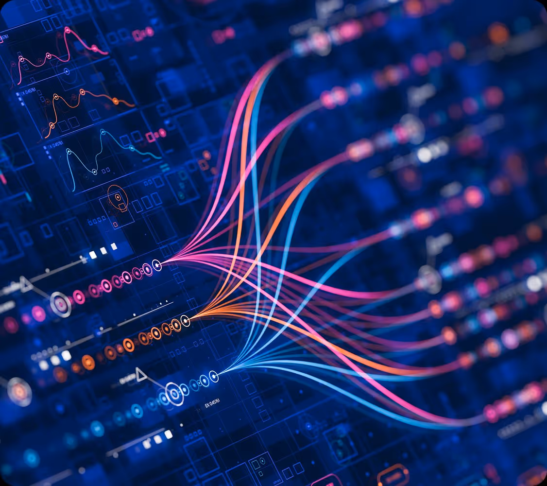 Colorful data streams flowing from nodes into a digital network on a dark blue tech background.