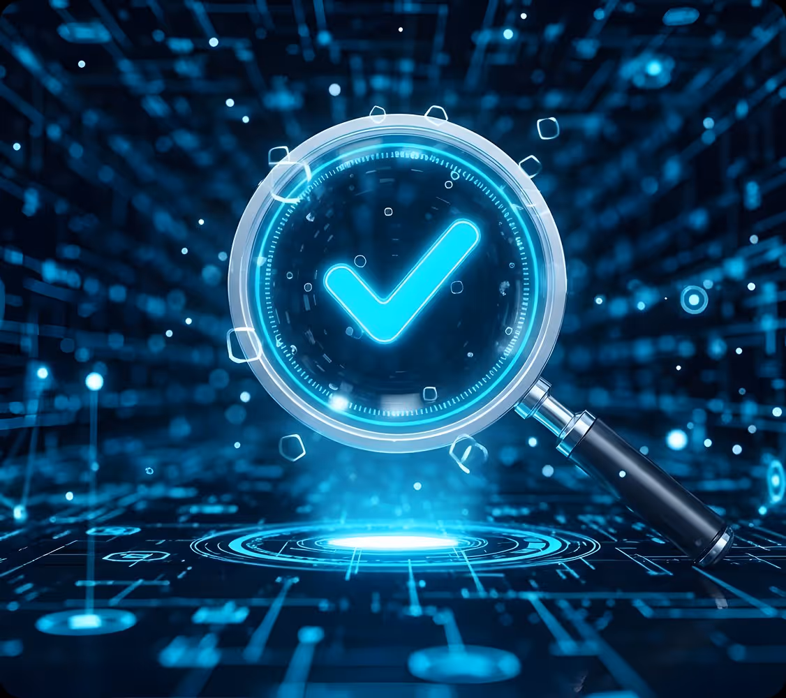 Magnifying glass highlighting a blue glowing checkmark over a digital circuit board background.