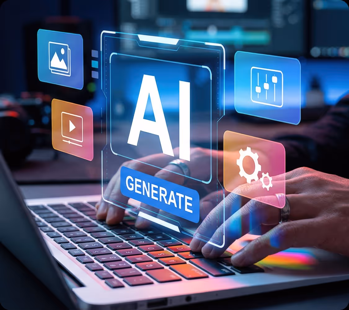 Hands typing on laptop with floating AI generate and technology icons around the keyboard.