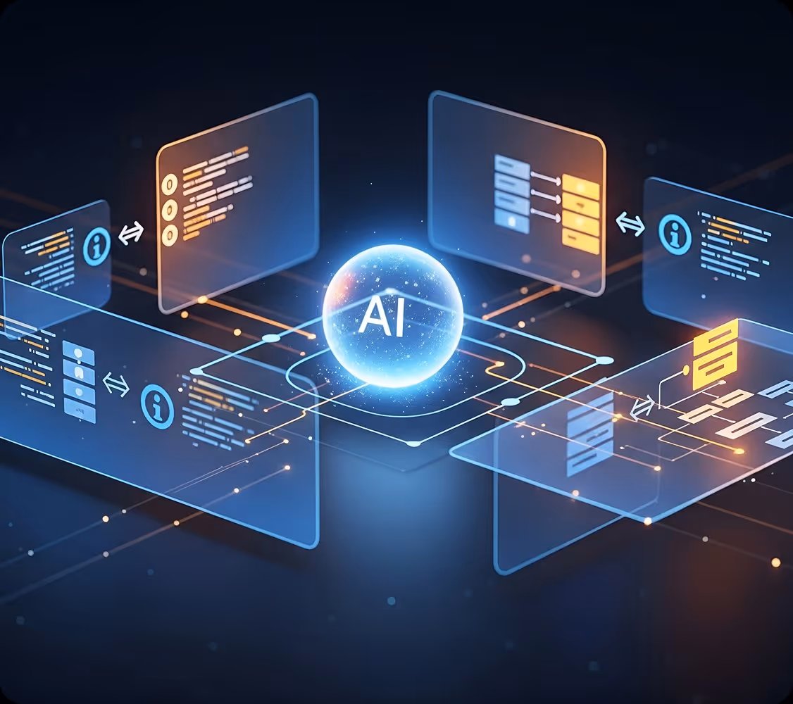 Glowing AI sphere surrounded by transparent interface panels with data and icons connected by lines.