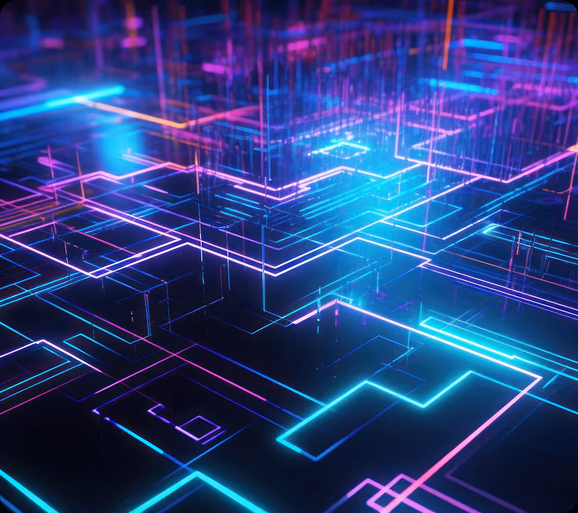 Abstract grid of glowing neon blue and purple lines creating a futuristic circuit-like pattern.