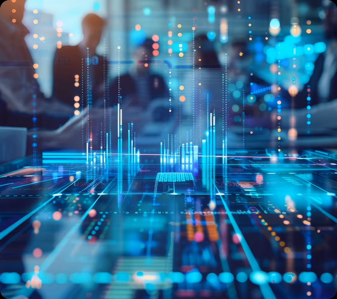 Futuristic digital data visualizations projected over a conference table with blurred people in the background