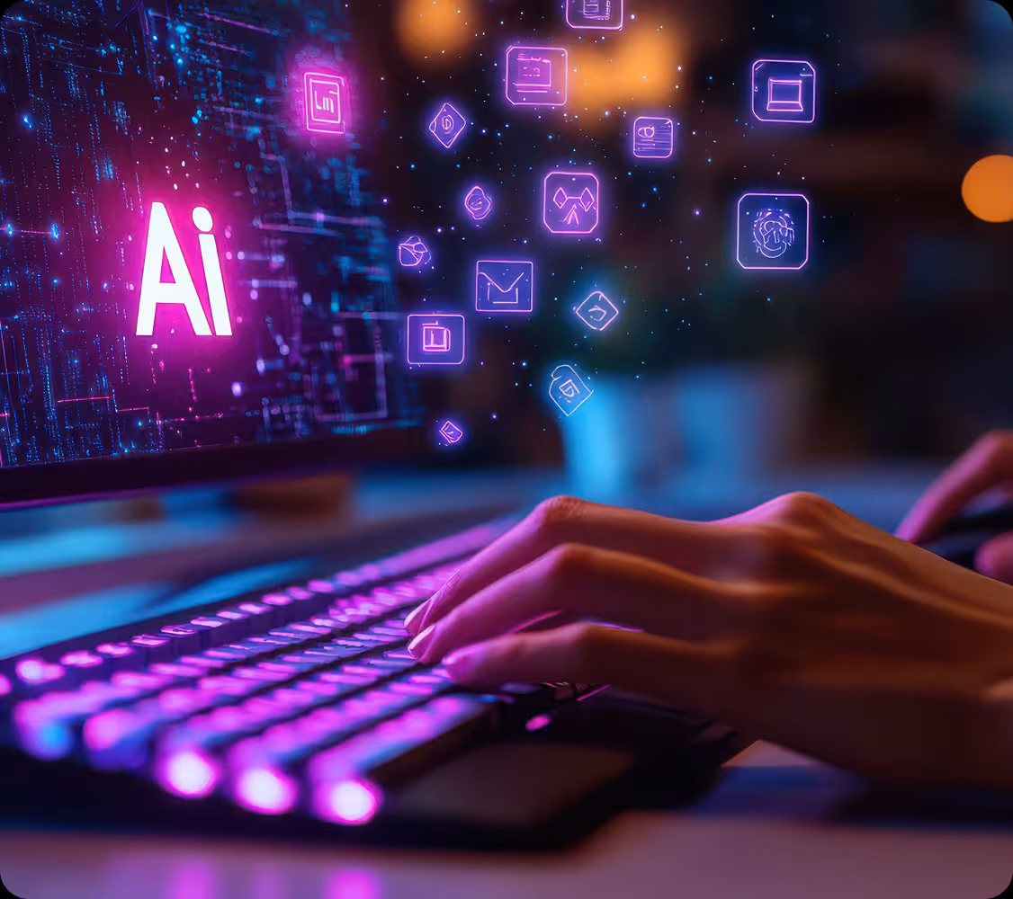 Hands typing on a backlit keyboard with floating digital AI icons and glowing text on a screen.