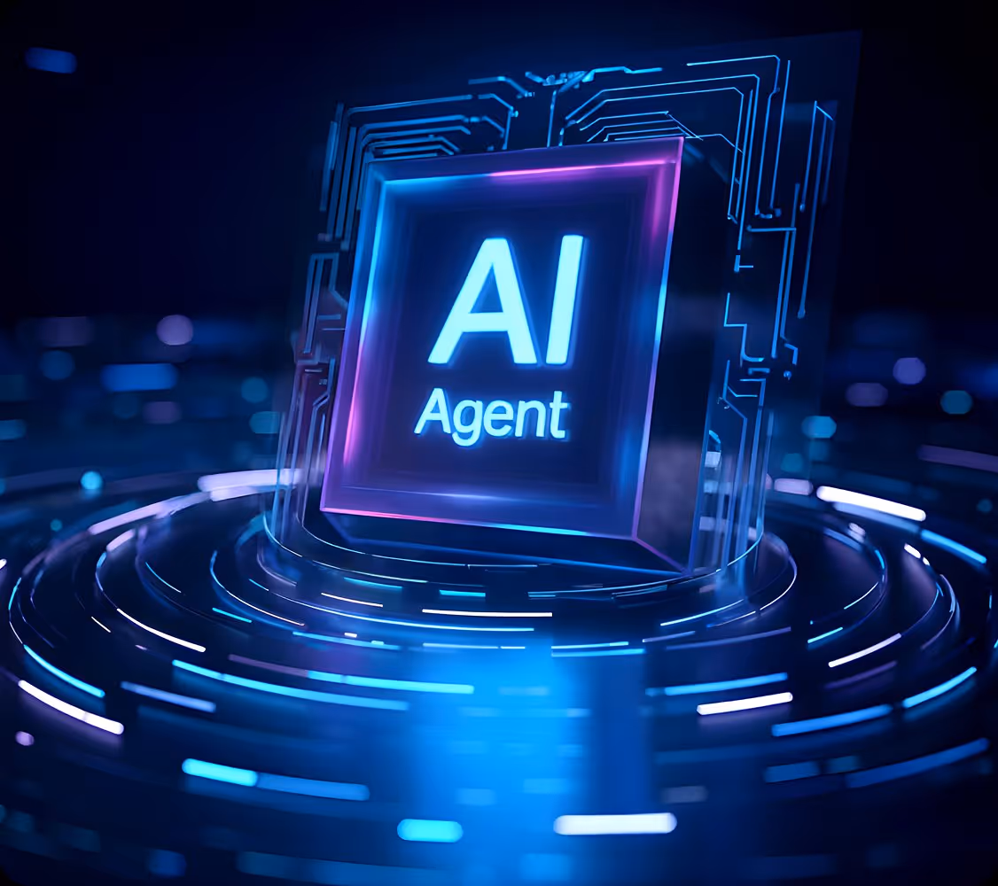 Glowing blue and purple digital chip with the text 'AI Agent' surrounded by circuit lines and light rings.