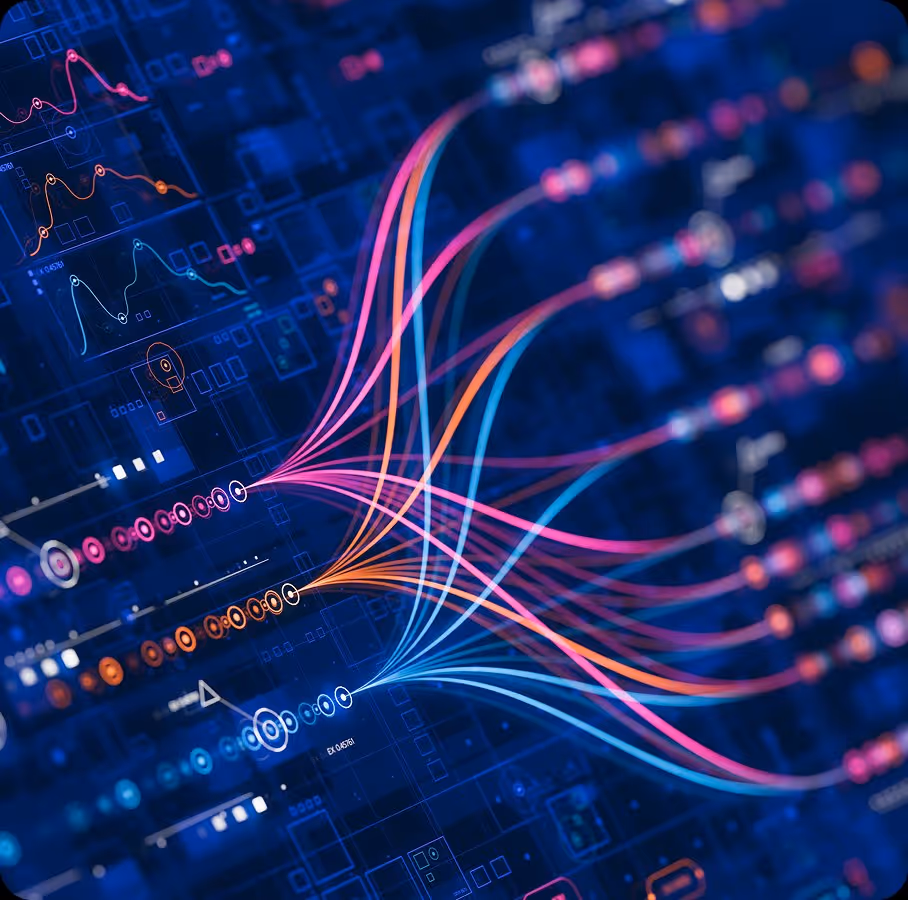 Abstract 3D data visualization with colorful flowing lines connecting nodes on a dark blue digital grid.