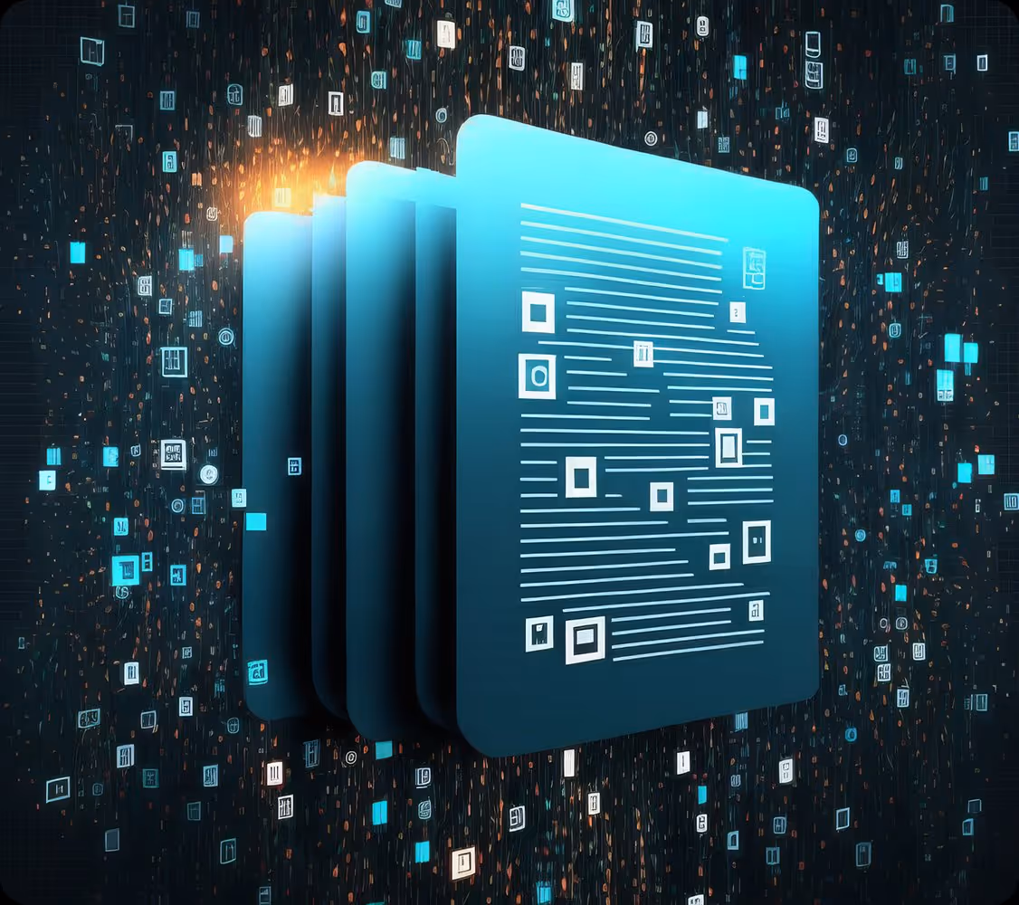 Stack of digital data sheets surrounded by floating icons and symbols in a dark space.