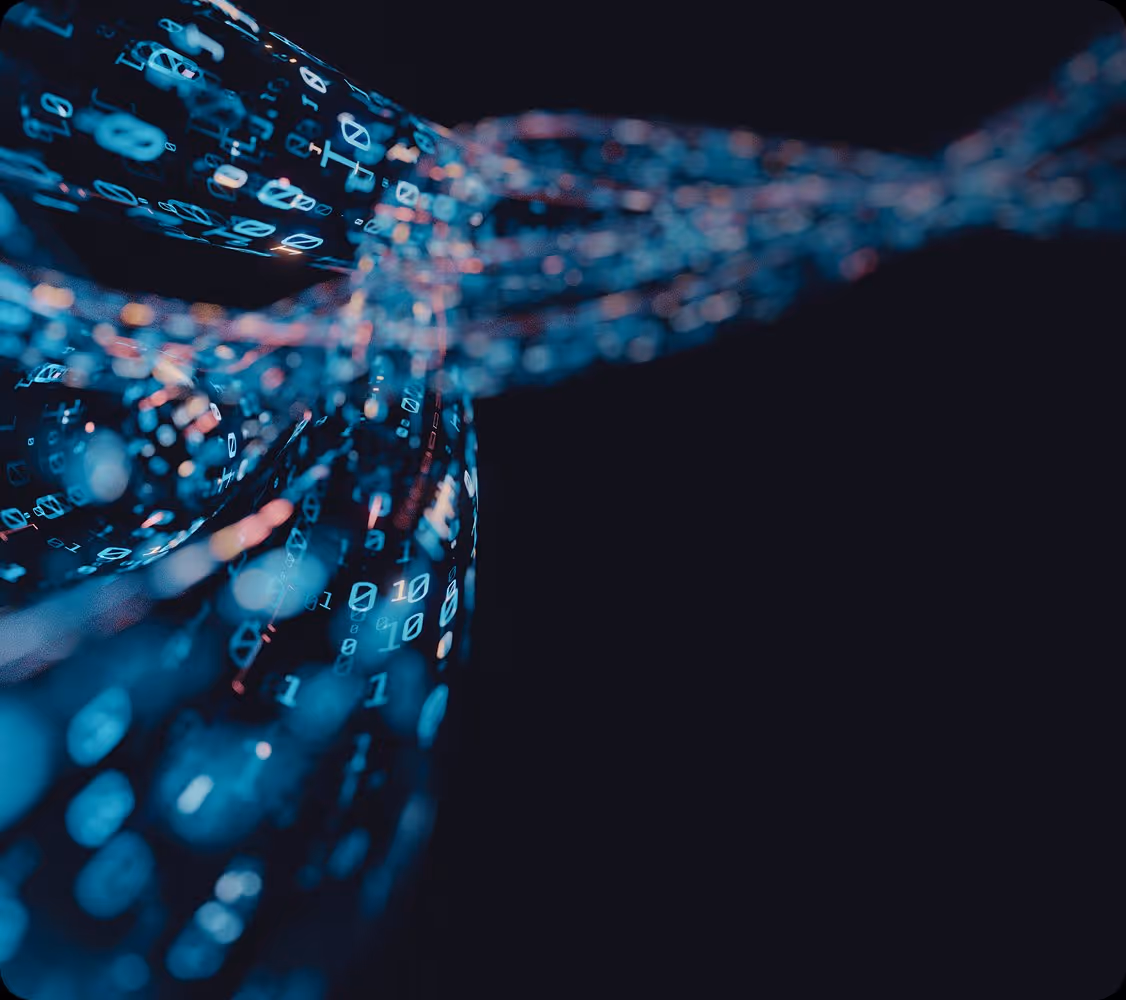Glowing blue digital code forming a flowing chain on a black background.