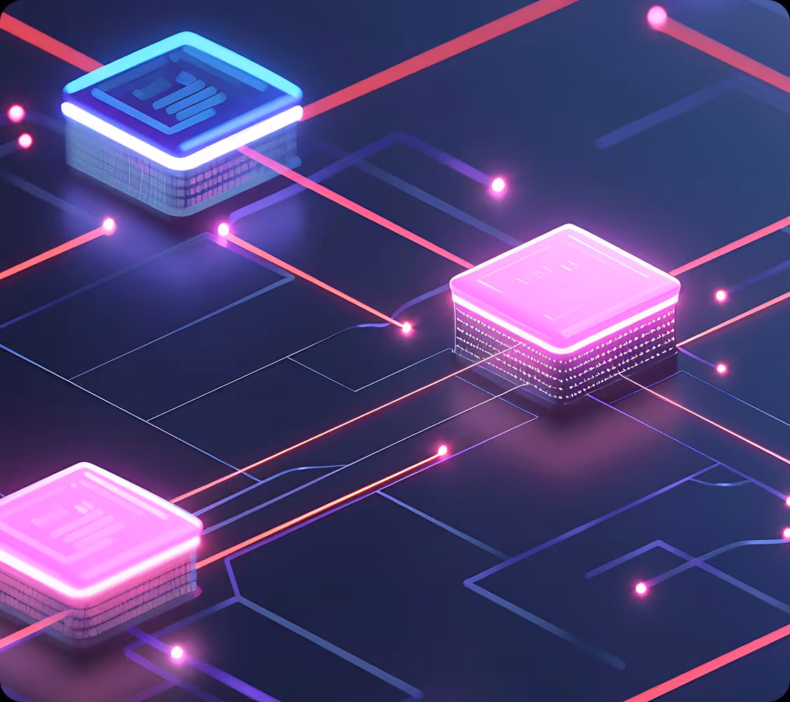 Glowing circuit board with neon pink and blue interconnected microchips on a dark surface.