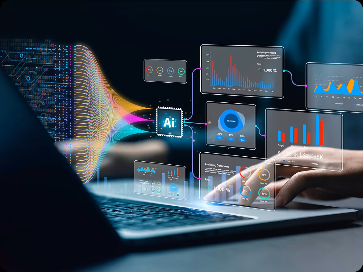 Person using laptop with digital AI interface and analytics charts floating above the keyboard.