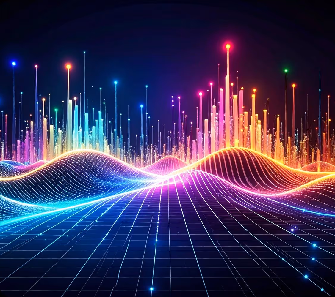 Colorful digital landscape with glowing grid waves and vertical light bars on a dark background.