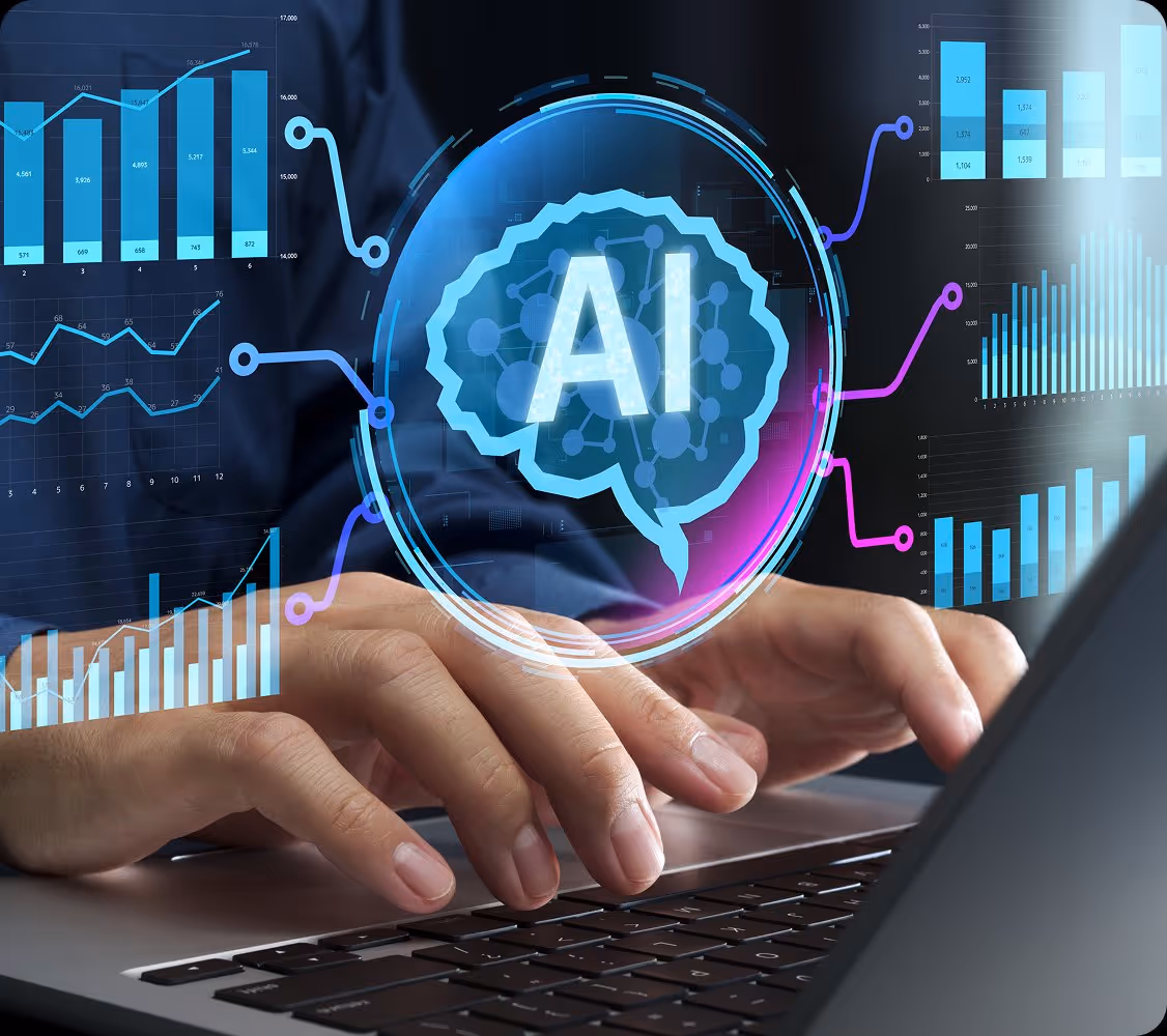 Hands typing on laptop with glowing AI brain icon and digital data charts overlay.