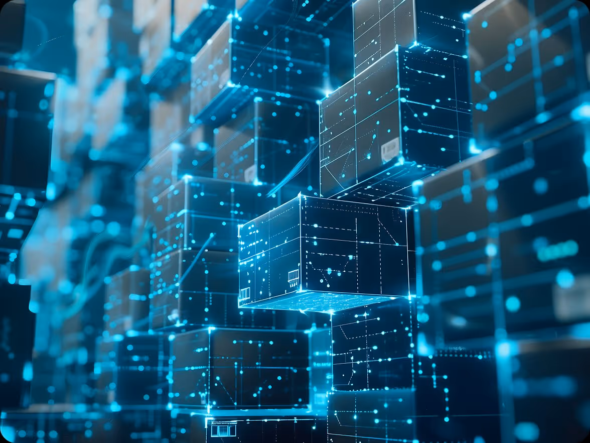 Glowing blue digital cubes interconnected by data points in a high-tech 3D grid network.