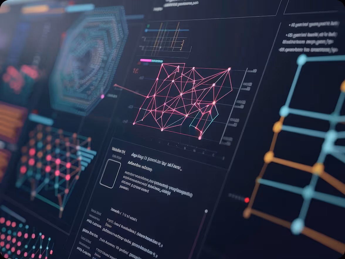 Digital screen with colorful connected node network graphs and data charts on a dark background.