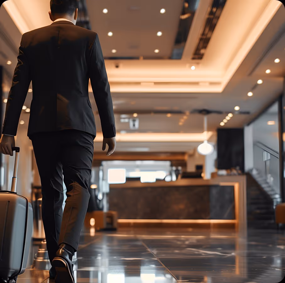 Businessman in a black suit walking with a suitcase in a modern hotel lobby.