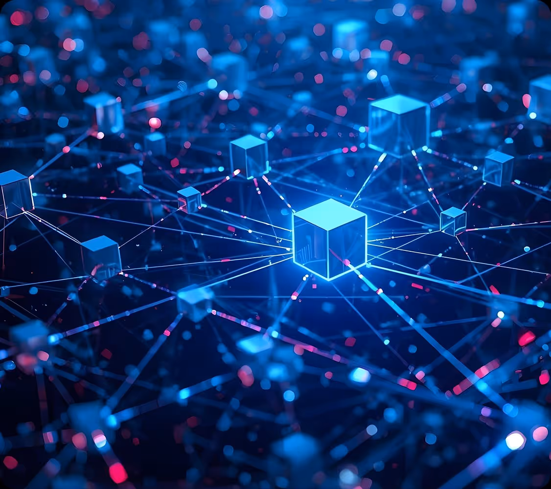 Blue glowing cubes connected by lines representing a digital blockchain network with floating digital particles.