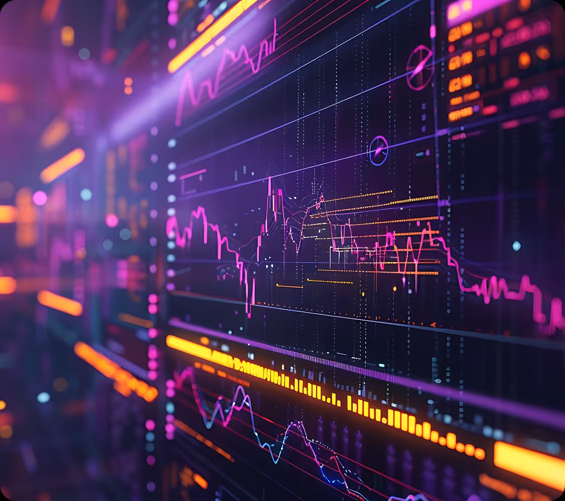 Digital neon stock market charts and graphs with data points and trend lines on dark background.