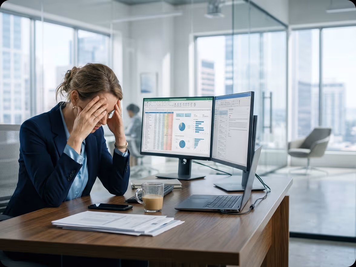Stressed businesswoman holding her head sitting at desk with dual monitors in a modern office.