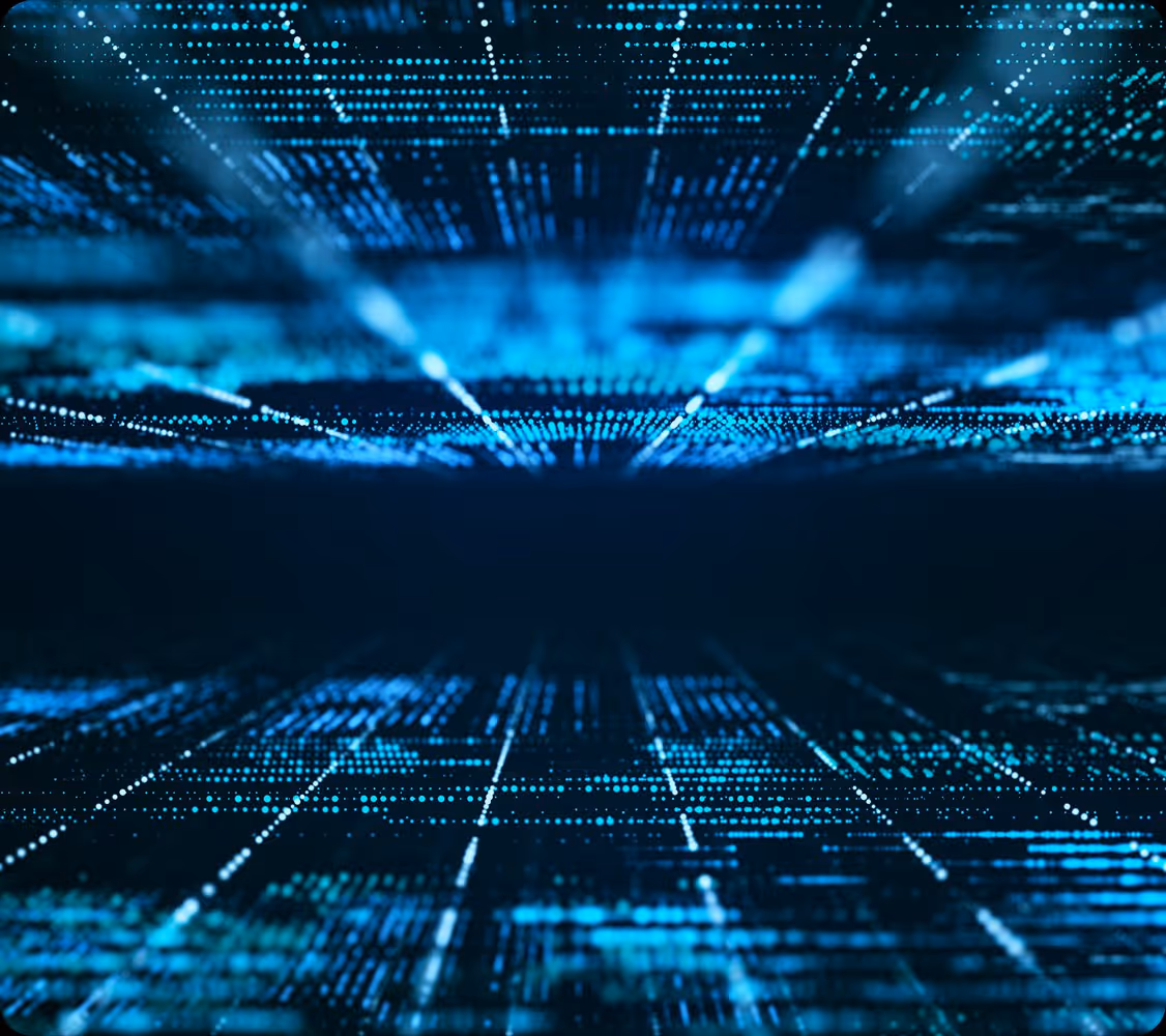 Abstract digital grid with glowing blue data points forming a futuristic network pattern.