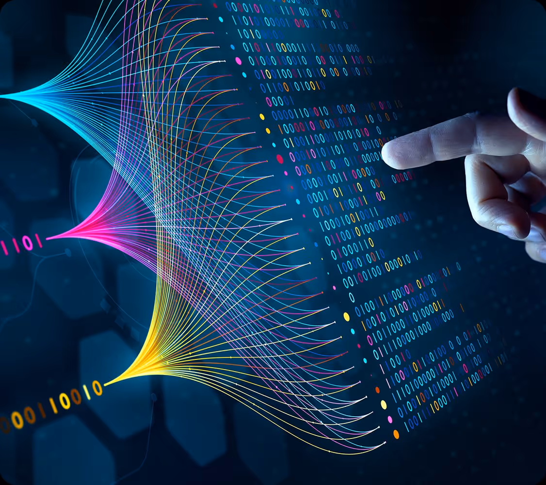 Finger pointing at colorful binary code with curved lines connecting code segments on a dark background.