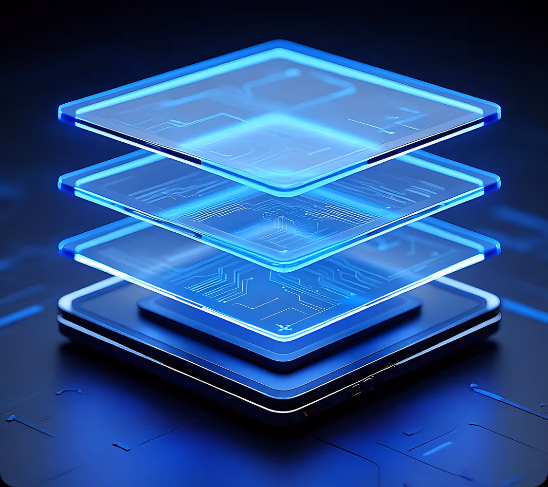 Glowing blue transparent layered circuit boards stacked above a black base on a dark surface.