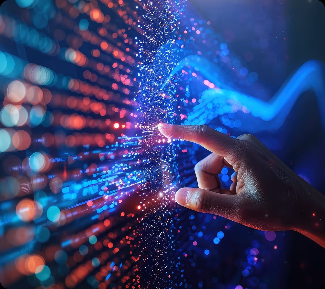 Hand reaching out to touch a vibrant digital interface with glowing data points and lines.