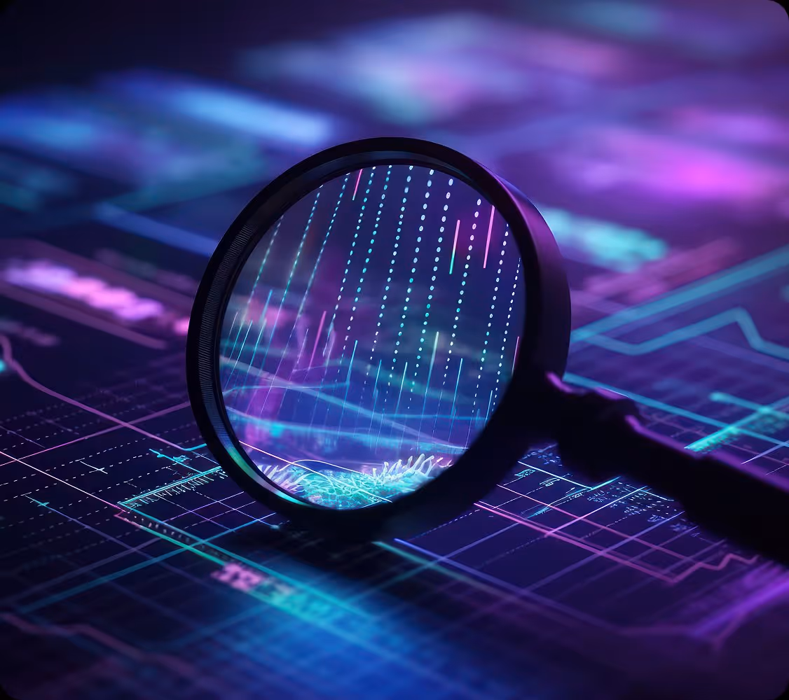 Magnifying glass over digital data streams and charts in glowing blue and purple tones.
