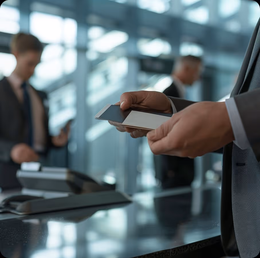 Close-up of a hand holding a blank business card and a smartphone in a modern office.