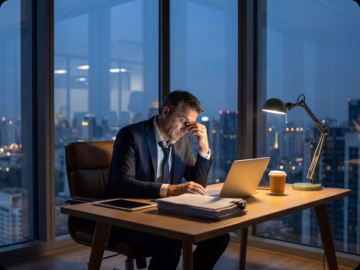 Tired businessman in a suit sitting at desk rubbing eyes with city lights in the background at night.