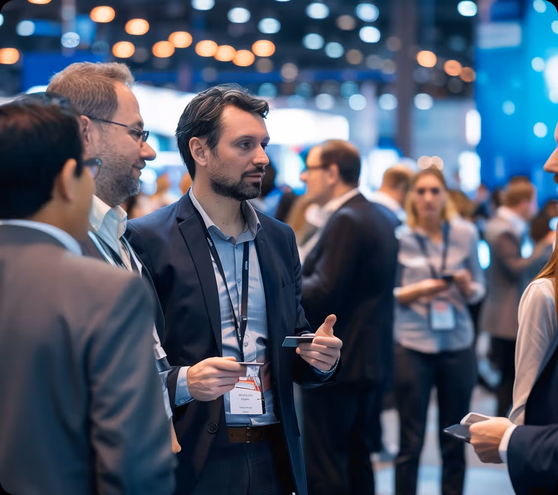 Business professionals exchanging business cards at a networking event in a conference hall.