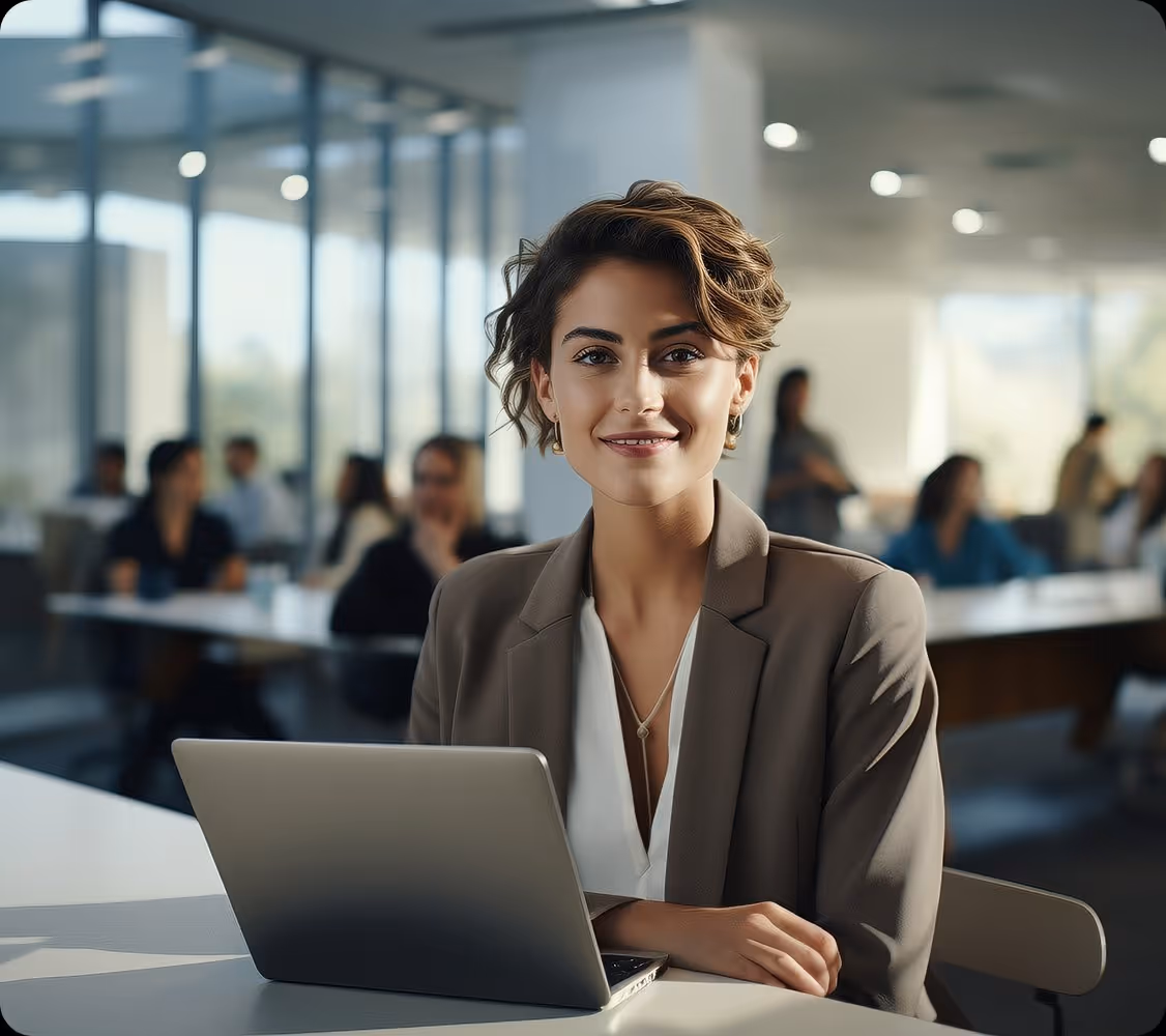 Smiling businesswoman sitting at a desk with a laptop in a modern office setting.