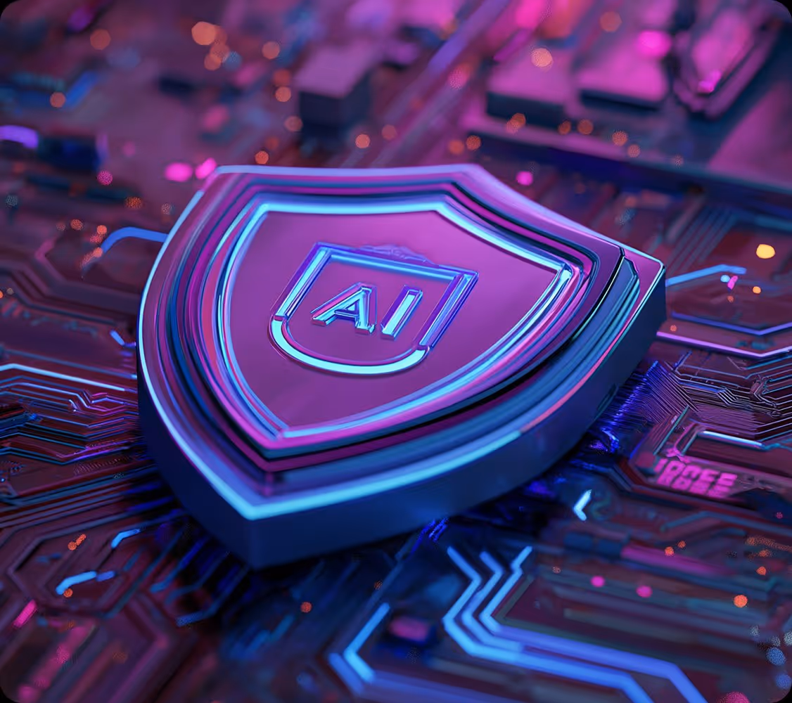 Close-up of a metallic shield with AI symbol on a glowing purple and blue circuit board.