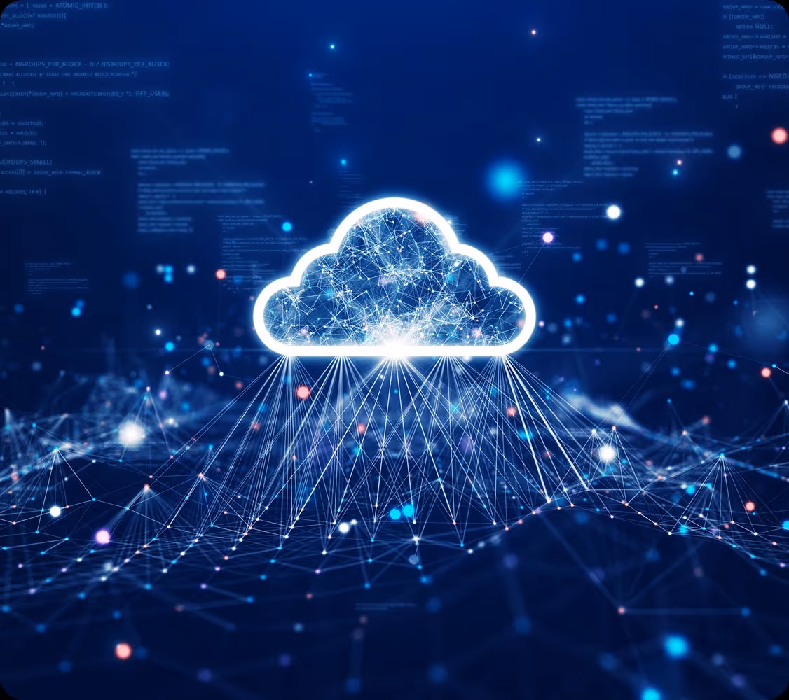 Glowing cloud shaped network with interconnected nodes representing cloud computing and data flow.