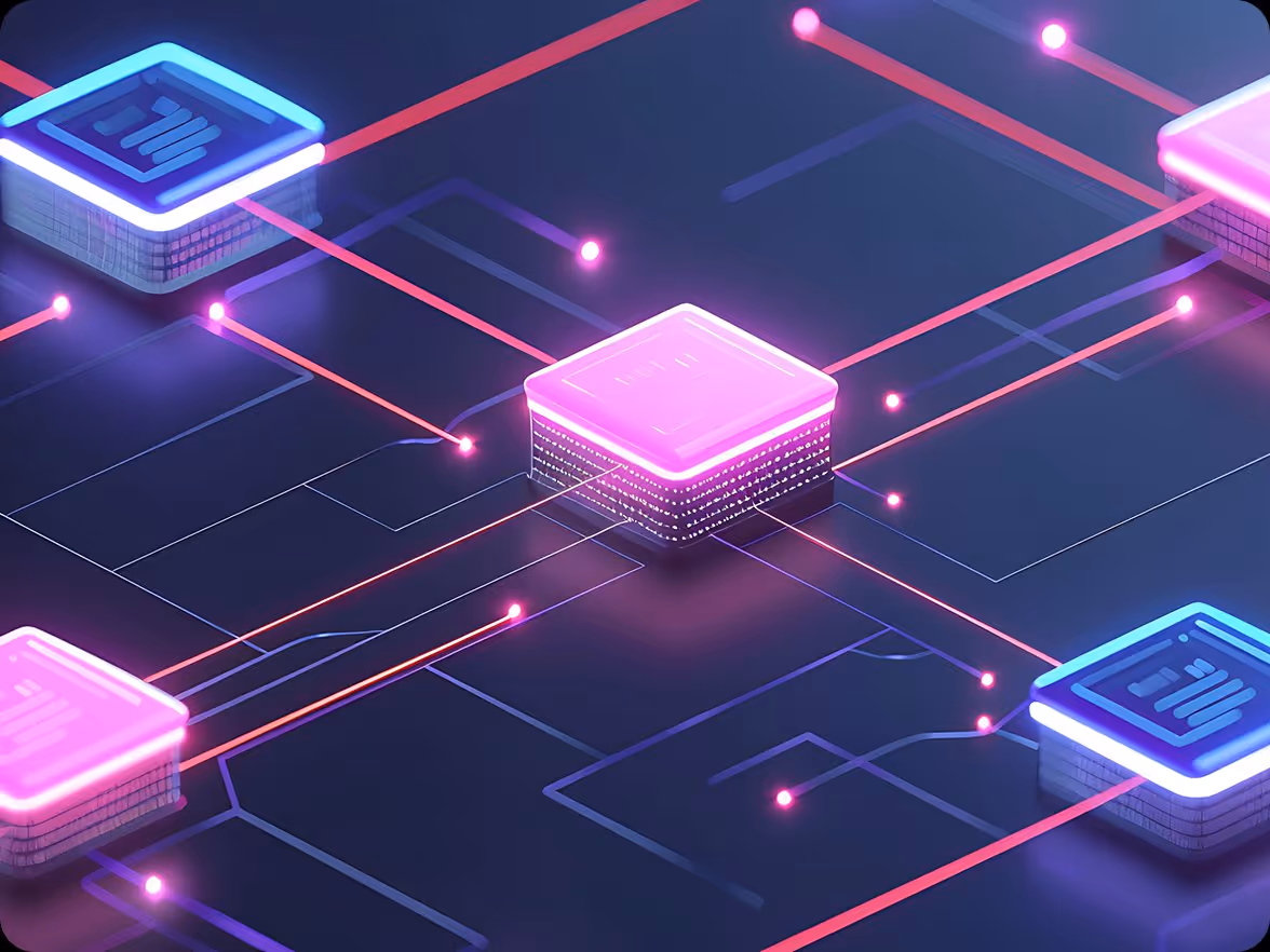 Glowing neon digital cubes connected by bright lines, representing a high-tech network or database.