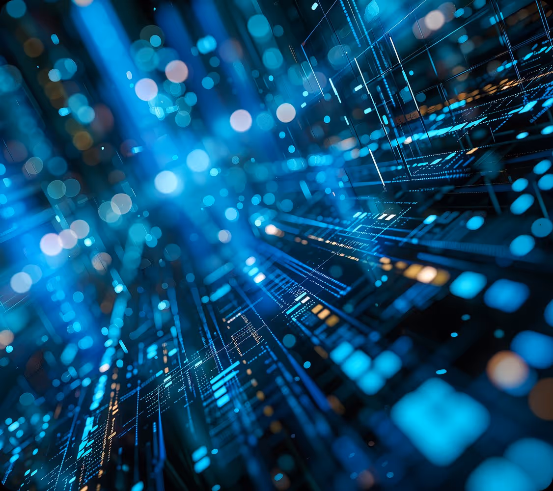 Abstract digital circuit board with glowing blue lines and bokeh light effects.