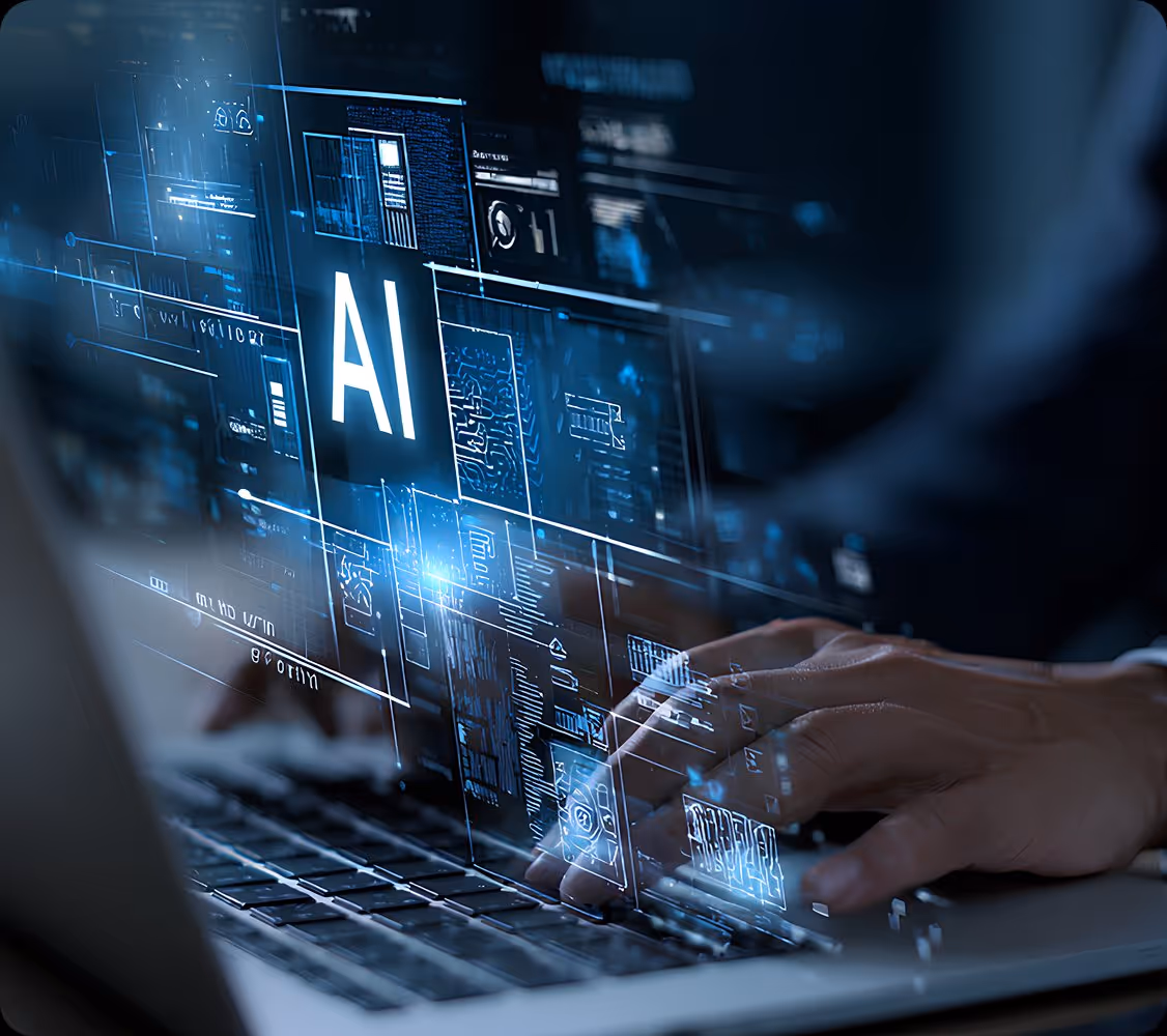 Hands typing on a laptop keyboard with digital AI interface and data visualization overlays.