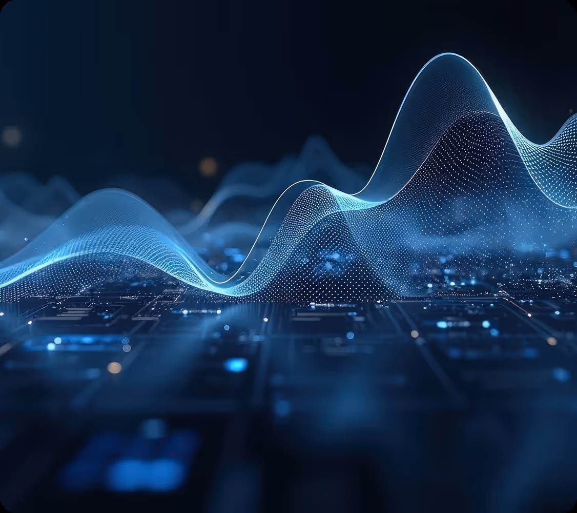 Blue holographic waveforms composed of dots and lines above a dark circuit board background.
