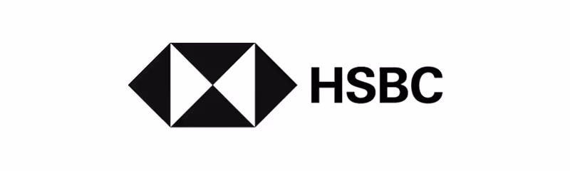 HSBC logo with black and white geometric hexagon shape to the left of the letters HSBC.