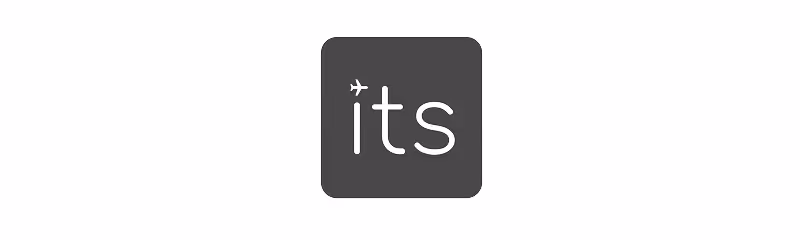 Dark square logo with white lowercase letters 'its' and a small airplane over the letter i.
