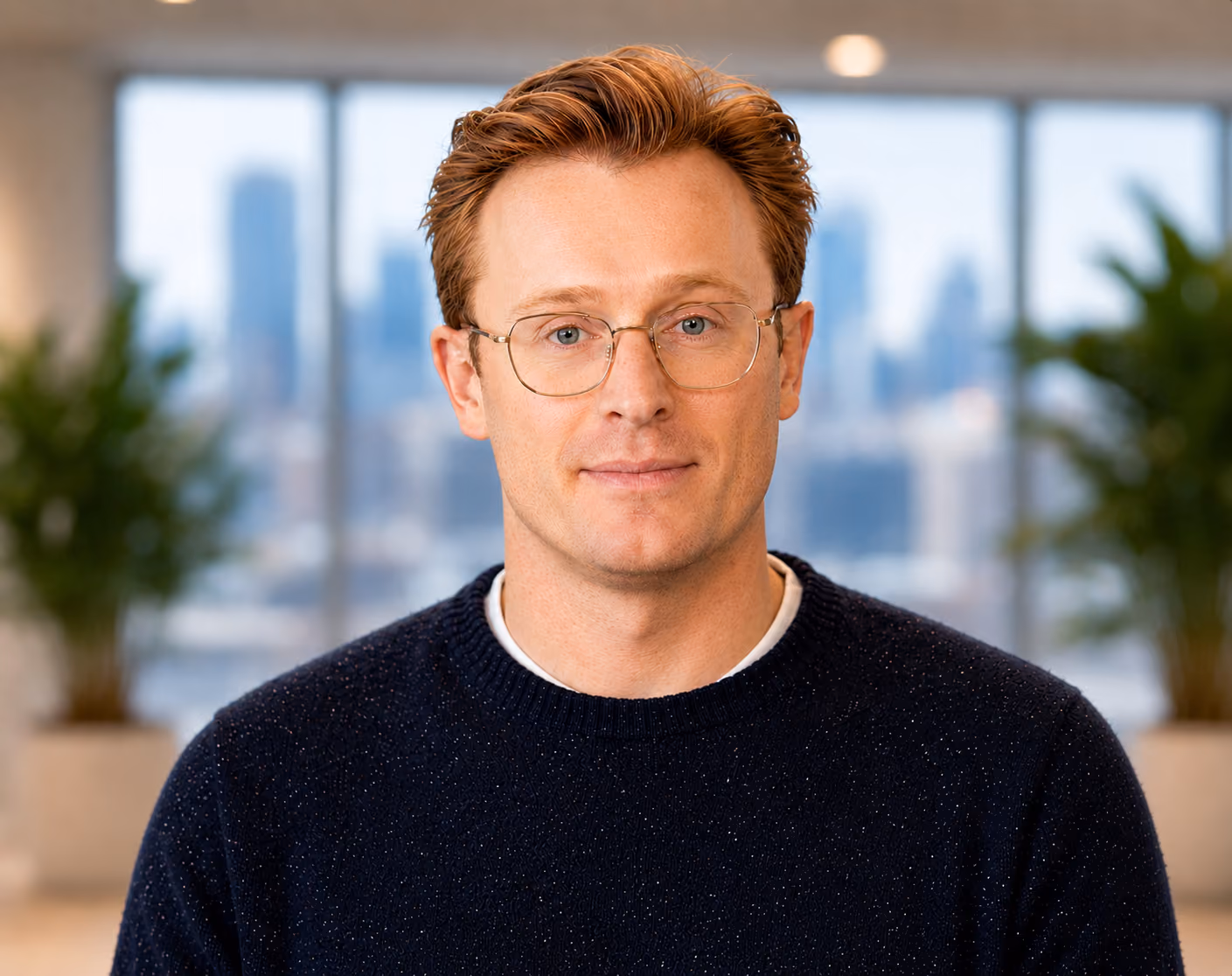 Man with light skin, red hair, and glasses wearing a dark sweater in an office with blurred windows.