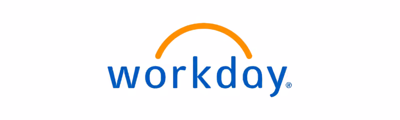 Workday brand name in blue letters with an orange arc over it.