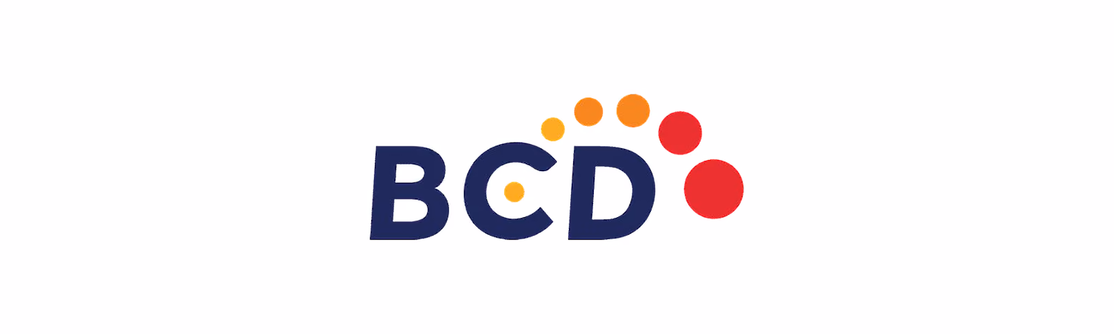 BCD text logo with colorful orange and red dots arching above the letters on white background.