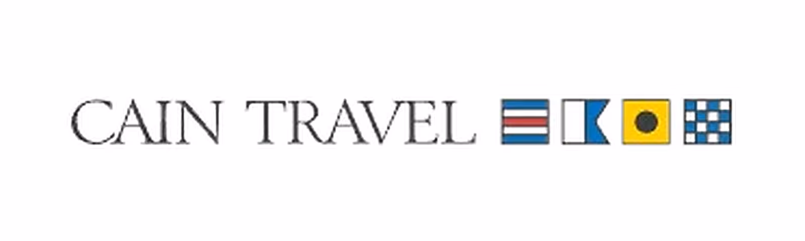 Cain Travel text logo with four colored nautical signal flags on white background.