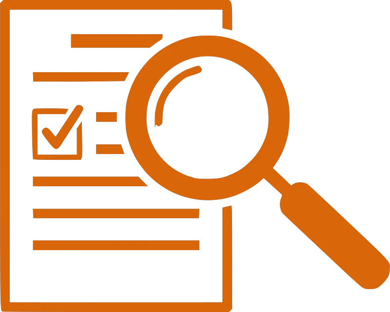 Orange icon of a document with a checklist and a magnifying glass over it.