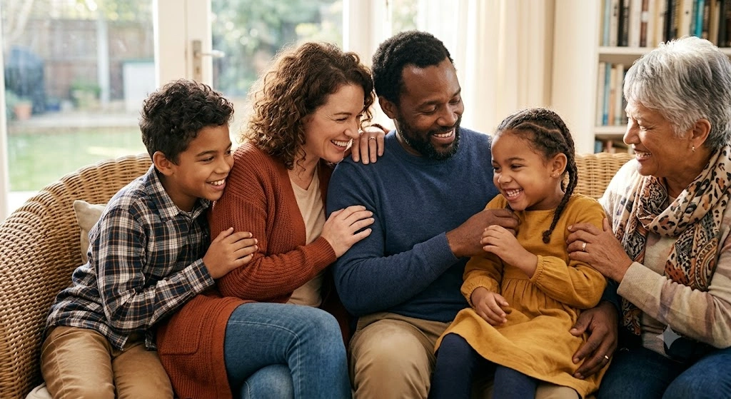 Smiling multigenerational family sitting closely on a couch, laughing and enjoying each other's company.