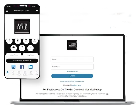 Smartphone and laptop displaying Eastern Insuring Agency app and login page for insurance services.