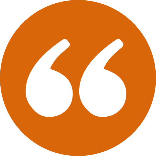 Black quotation mark symbol inside an orange circle background.