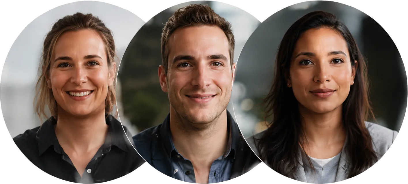 Portraits of three smiling professionals: two women and one man, all with neutral backgrounds.