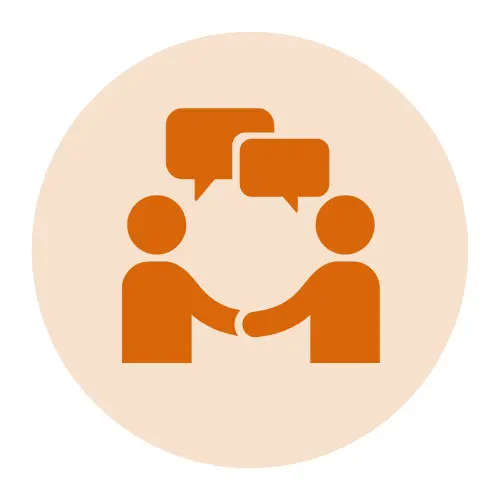 Two orange figures shaking hands with speech bubbles above them inside a beige circle.