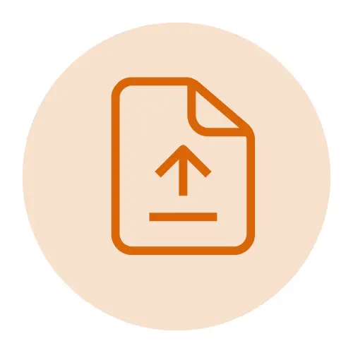 Document icon with an upward arrow indicating file upload on a beige circular background.
